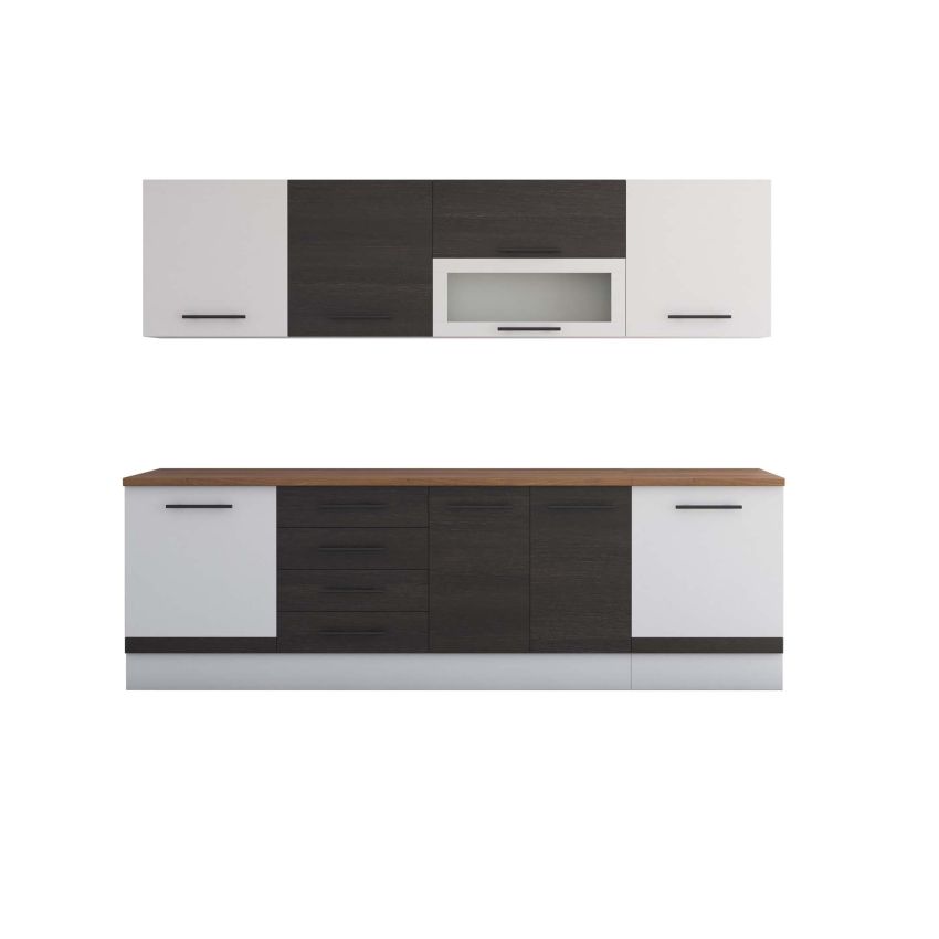Bucatarie Alfa 260, Cu vitrina, Wenge/Alb, Blat termic nuc