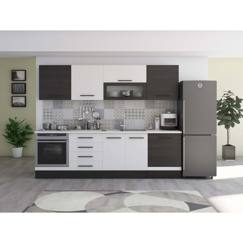 Bucatarie Alfa 260, Cu vitrina, Alb/Wenge, Blat termic alb