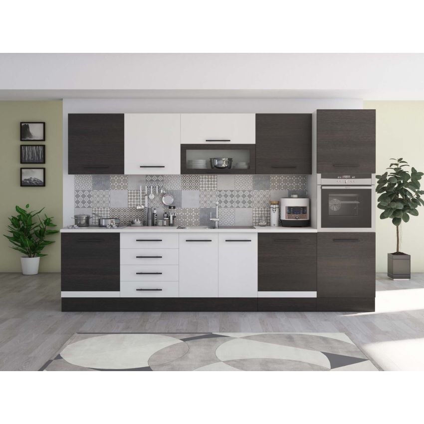 Bucatarie Alfa 320, alb/wenge, blat termic alb, corp pentru cuptor incorporabil