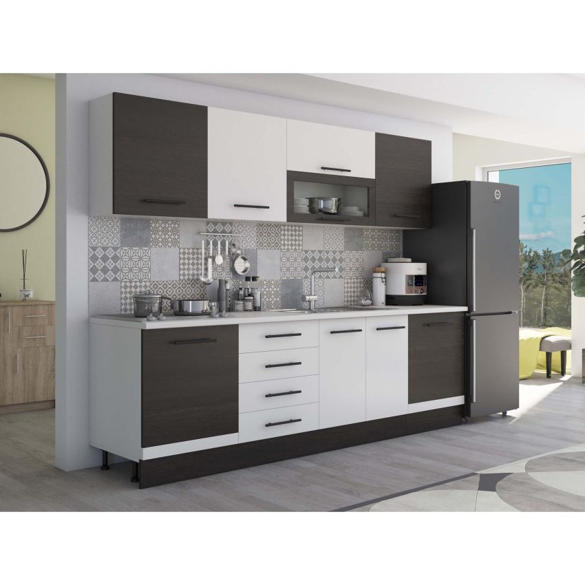 Bucatarie Alfa 260, Cu vitrina, Alb/Wenge, Blat termic alb