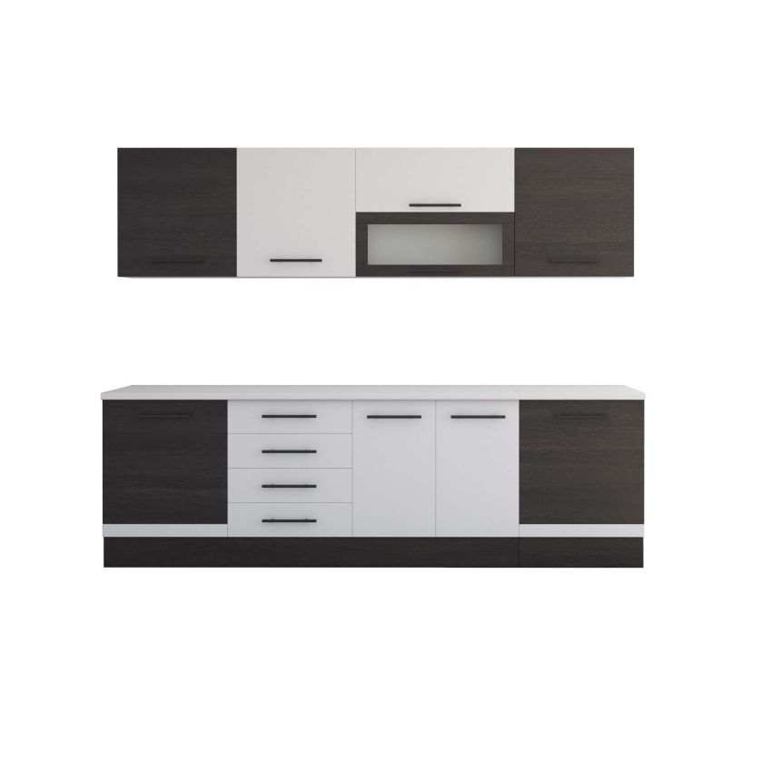 Bucatarie Alfa 260, Cu vitrina, Alb/Wenge, Blat termic alb