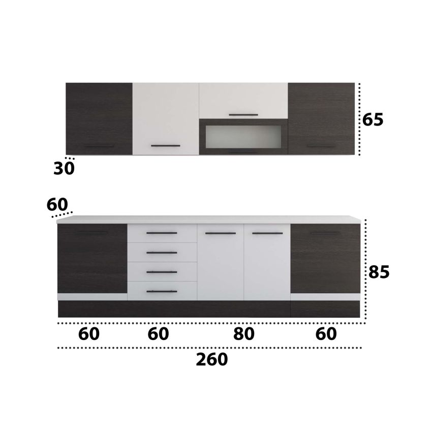 Bucatarie Alfa 260, Cu vitrina, Alb/Wenge, Blat termic alb