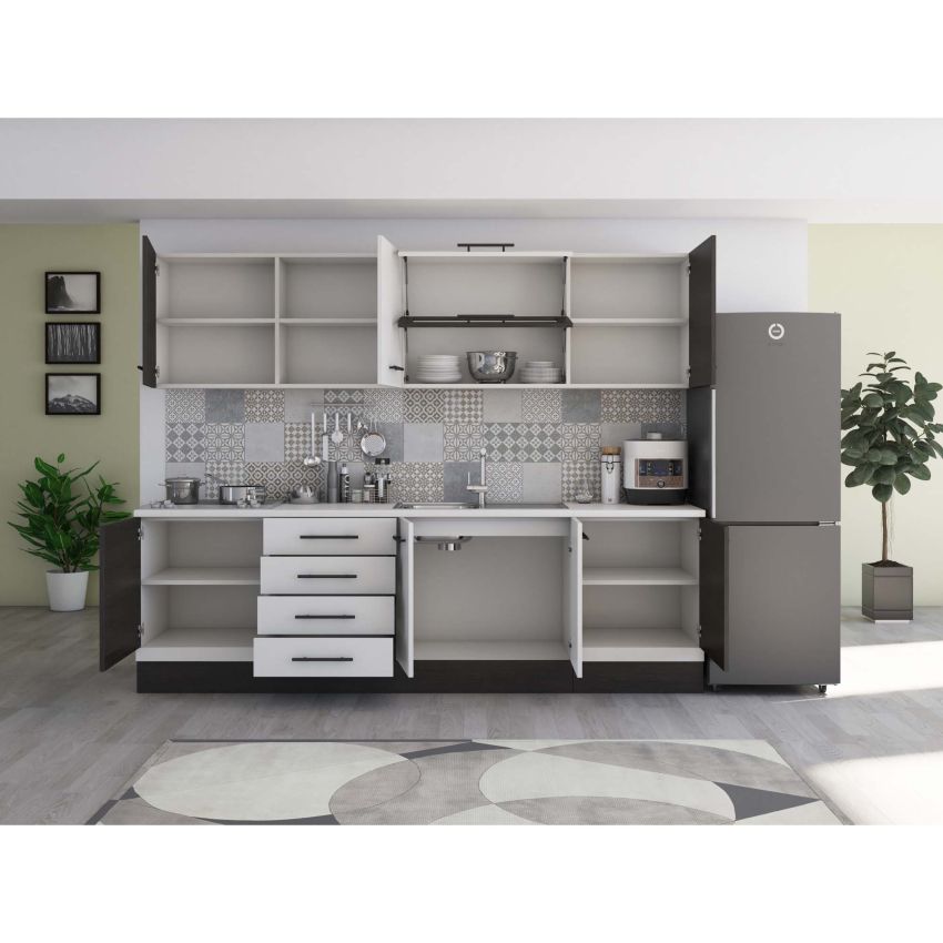 Bucatarie Alfa 260, Cu vitrina, Alb/Wenge, Blat termic alb