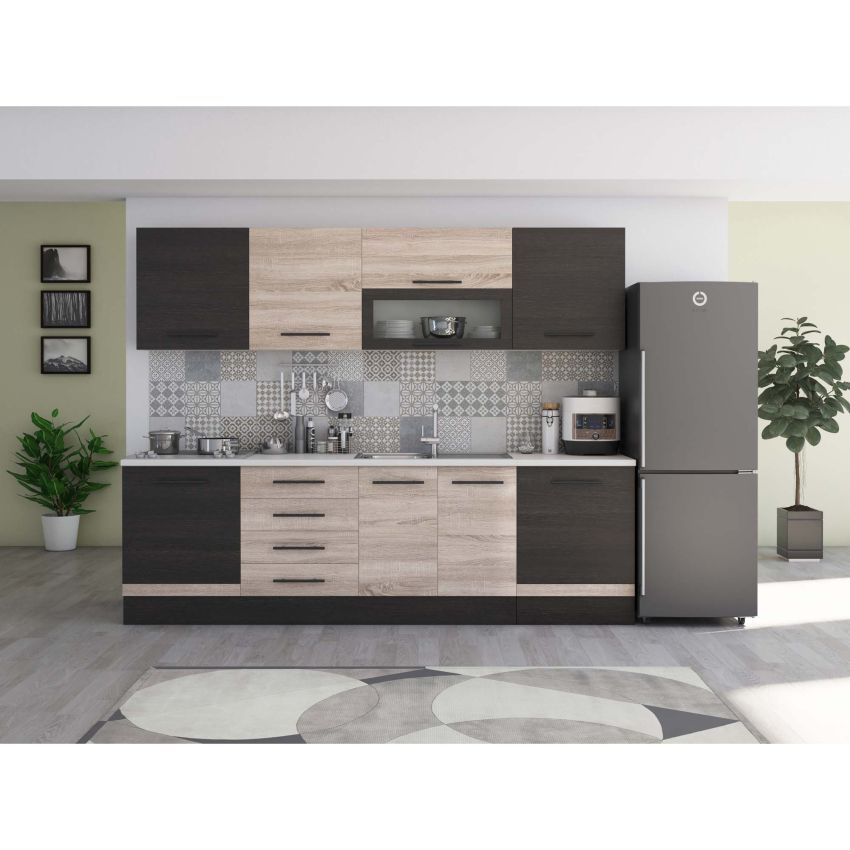 Bucatarie Alfa 260, Cu vitrina, Alb, Blat termic alb