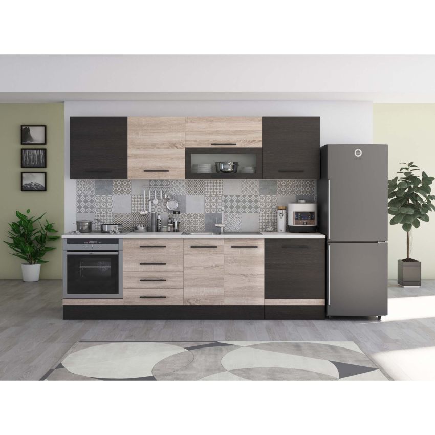 Bucatarie Alfa 260, Cu vitrina, Sonoma/Wenge, Blat termic alb
