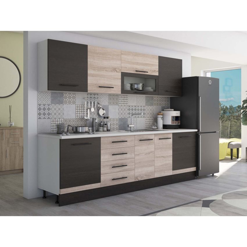 Bucatarie Alfa 260, Cu vitrina, Sonoma/Wenge, Blat termic alb