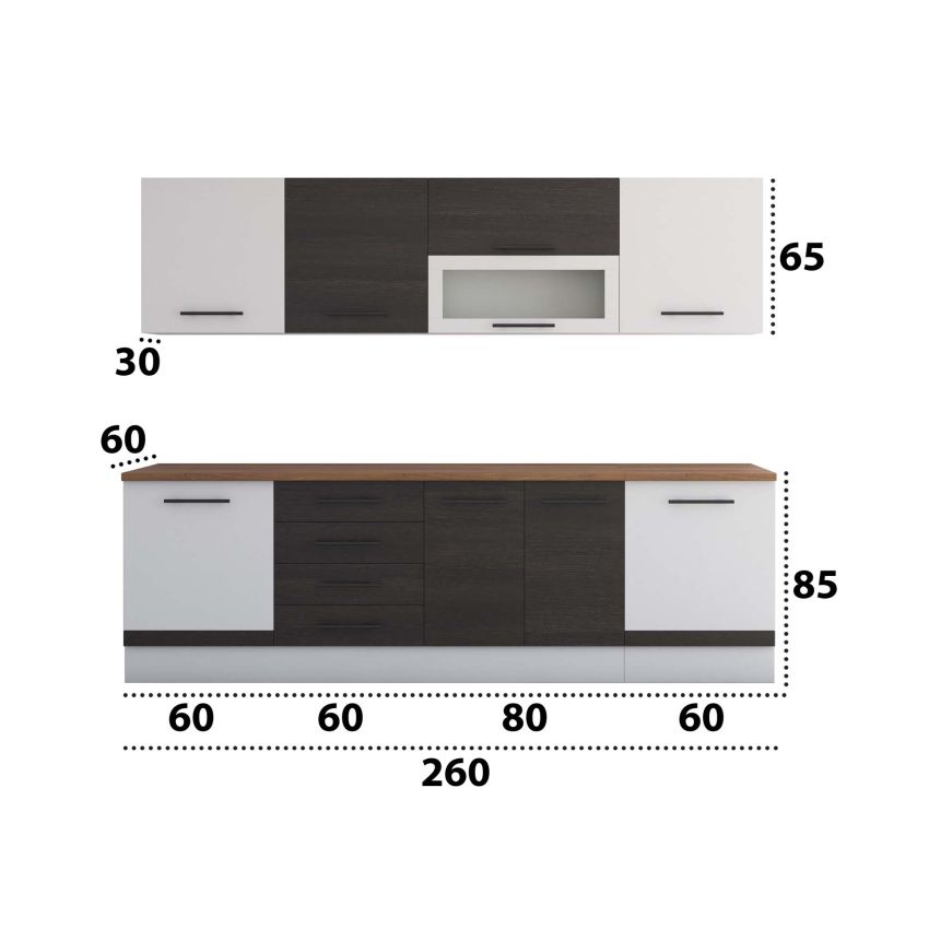Bucatarie Alfa 260, Cu vitrina, Wenge/Alb, Blat termic nuc
