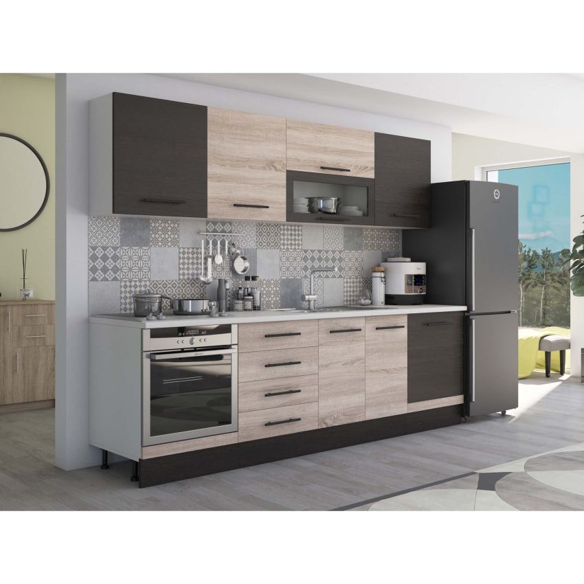 Bucatarie Alfa 260, Cu vitrina, Sonoma/Wenge, Blat termic alb