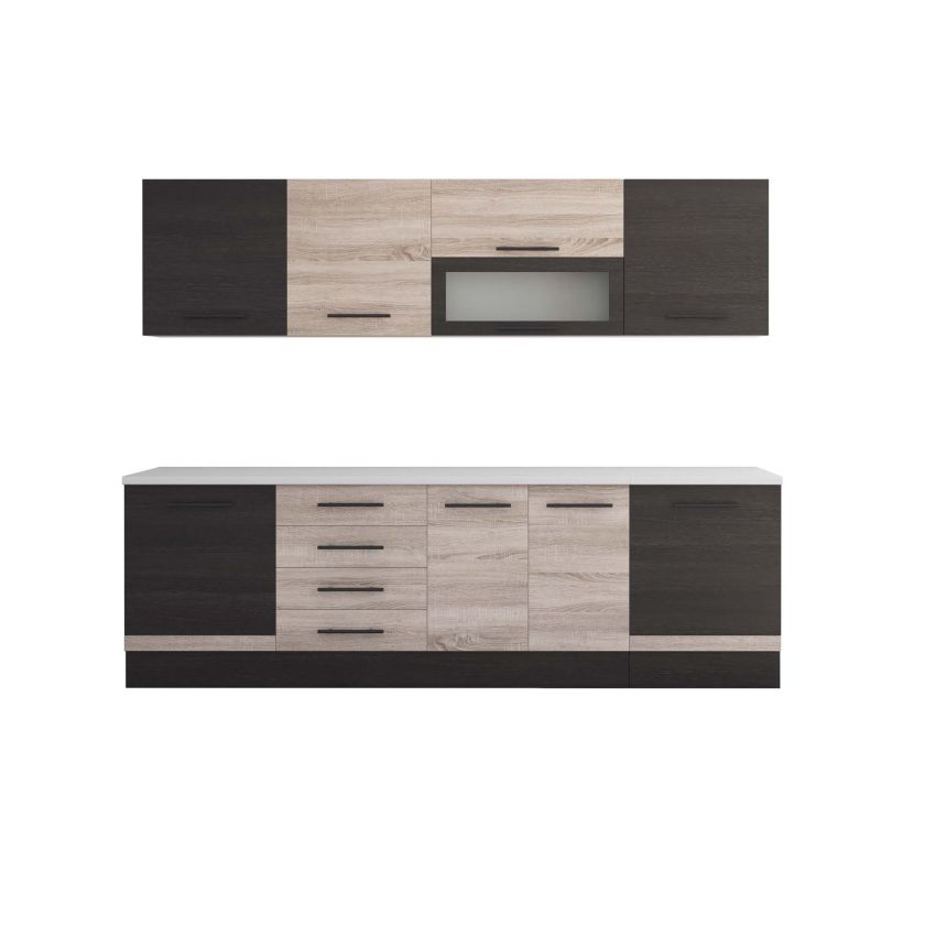 Bucatarie Alfa 260, Cu vitrina, Sonoma/Wenge, Blat termic alb