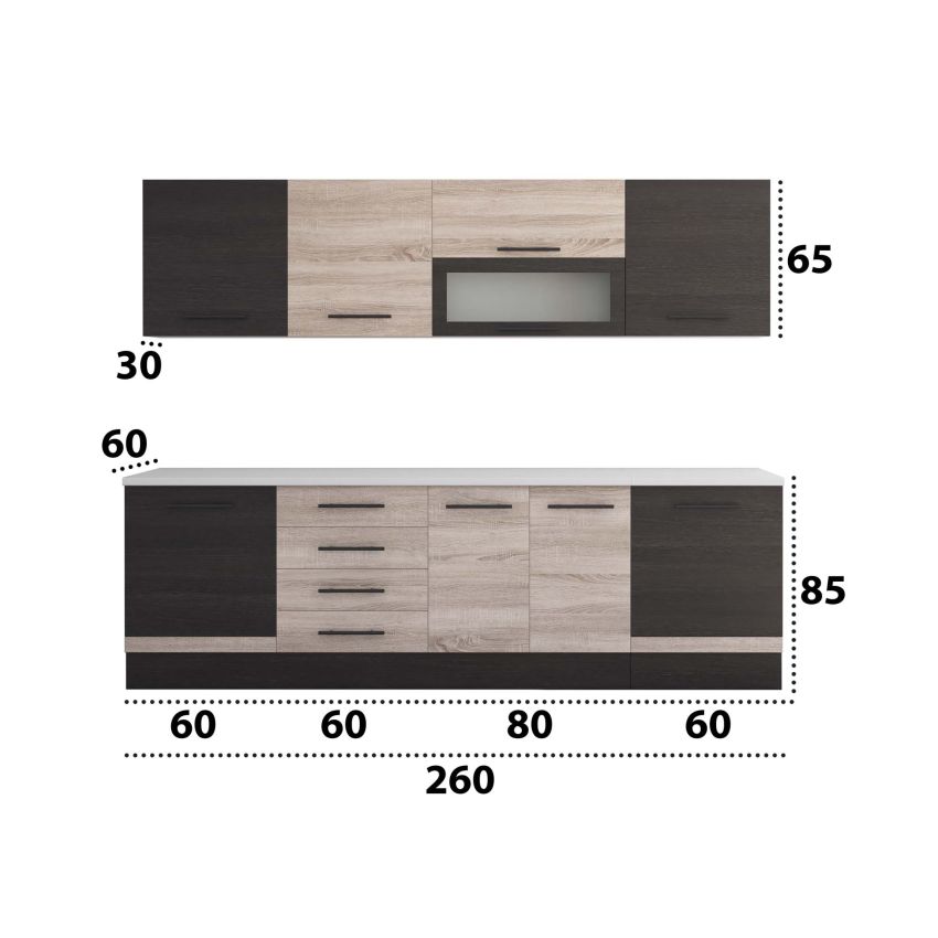 Bucatarie Alfa 260, Cu vitrina, Sonoma/Wenge, Blat termic alb