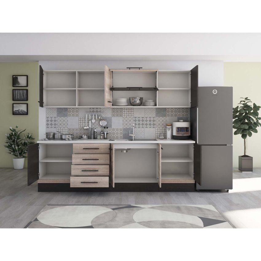 Bucatarie Alfa 260, Cu vitrina, Sonoma/Wenge, Blat termic alb