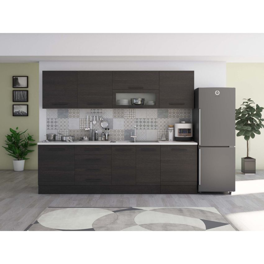 Bucatarie Alfa 260, Cu vitrina, Alb, Blat termic alb