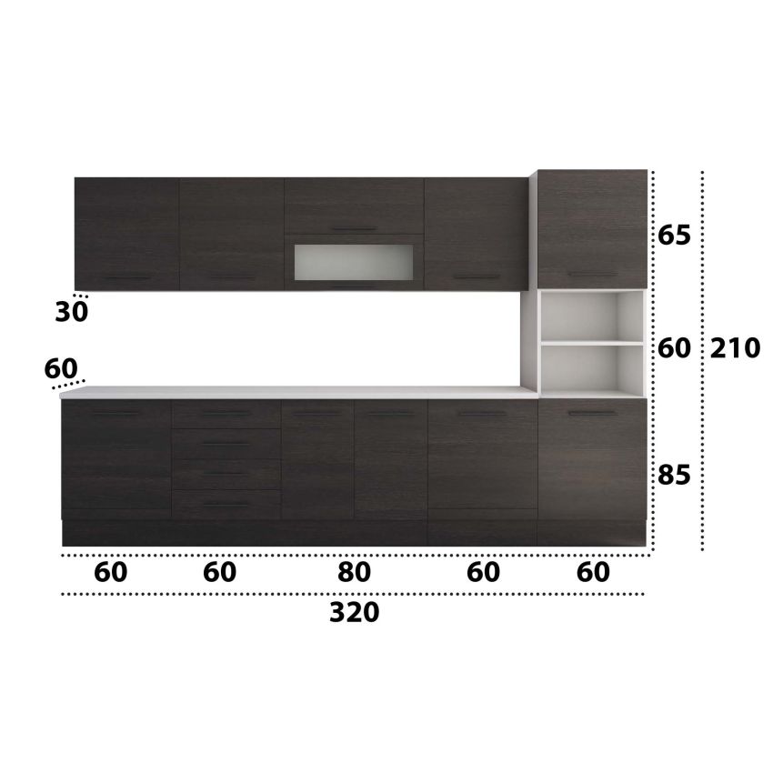 Bucatarie Alfa 320, wenge, blat termic alb, corp pentru cuptor incorporabil