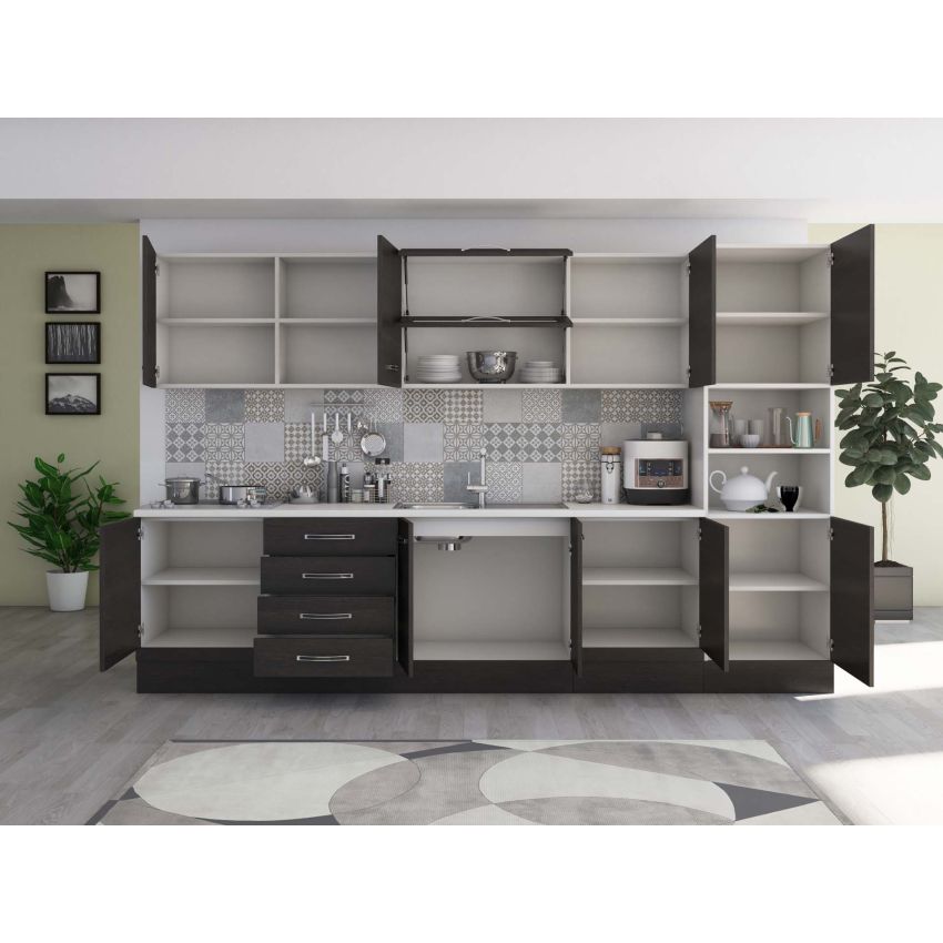 Bucatarie Alfa 320, wenge, blat termic alb, corp pentru cuptor incorporabil