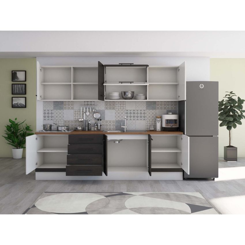 Bucatarie Alfa 260, Cu vitrina, Wenge/Alb, Blat termic nuc
