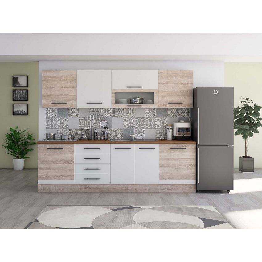 Bucatarie Alfa 260, Cu vitrina, Alb, Blat termic nuc