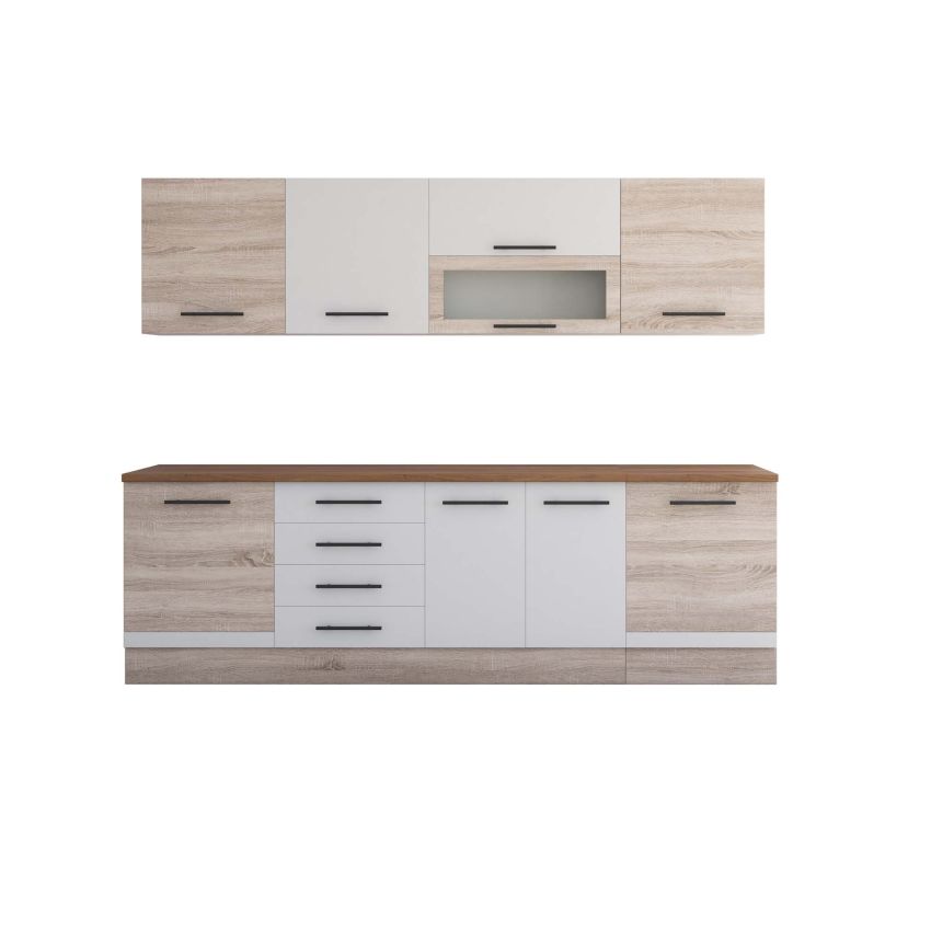 Bucatarie Alfa 260, Cu vitrina, Alb/Sonoma, Blat termic nuc