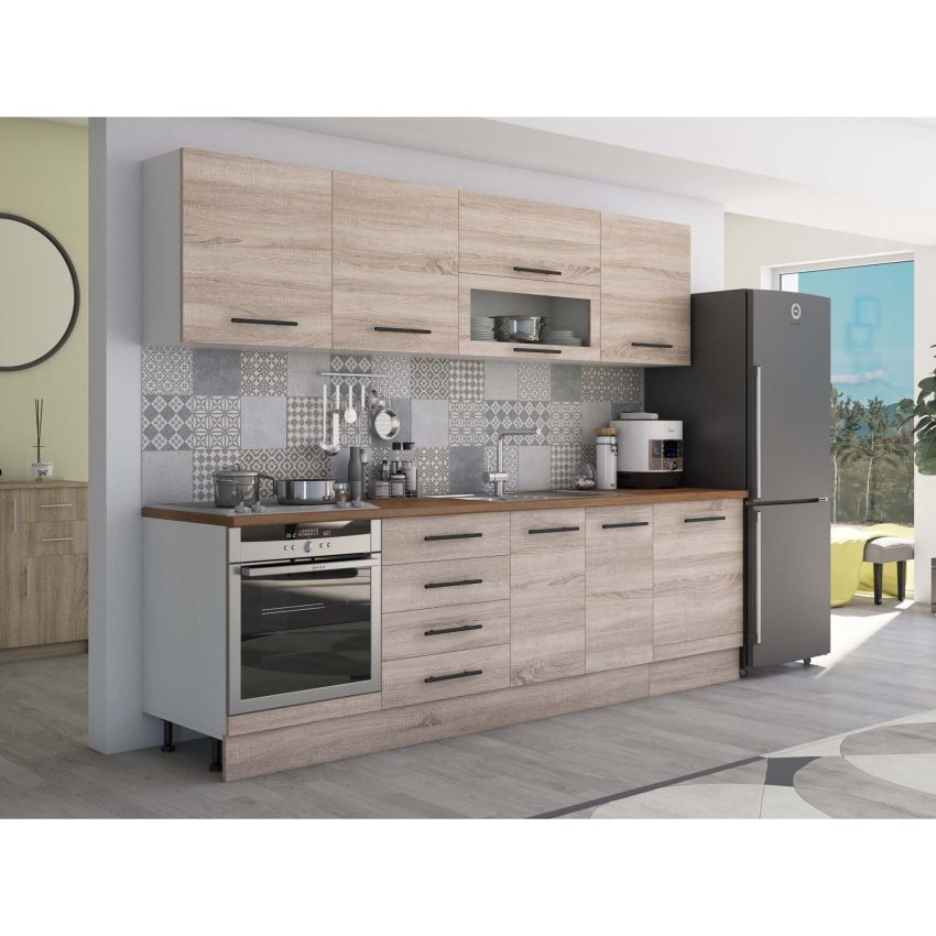 Bucatarie Alfa 260, Cu vitrina, Sonoma, Blat termic nuc