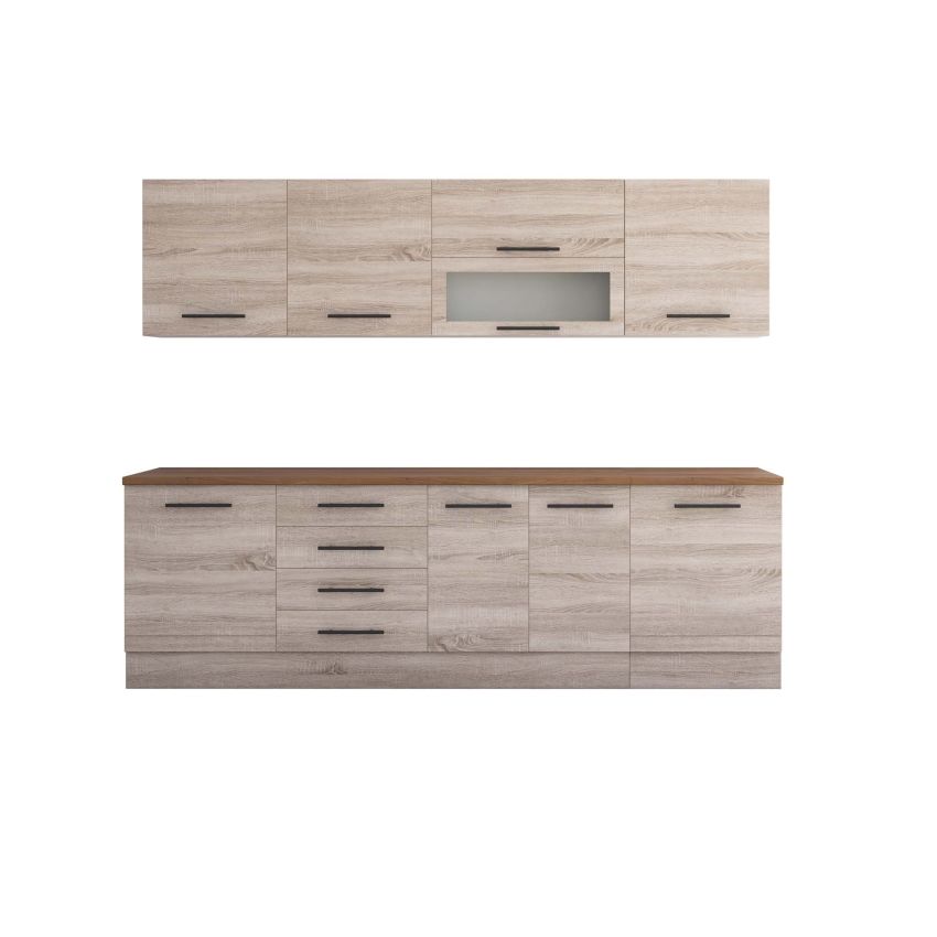 Bucatarie Alfa 260, Cu vitrina, Sonoma, Blat termic nuc
