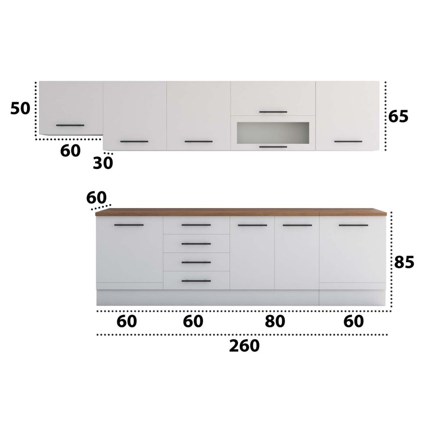Bucatarie Alfa 320, alb, blat termic nuc, corp hota