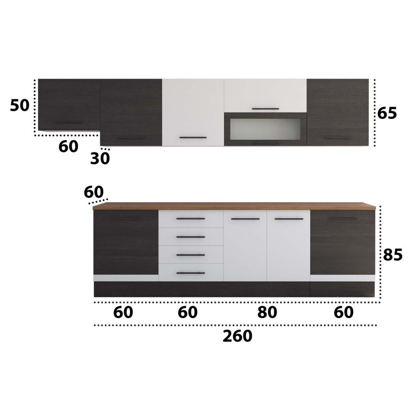 Bucatarie Alfa 320, alb/wenge, blat termic nuc, corp hota
