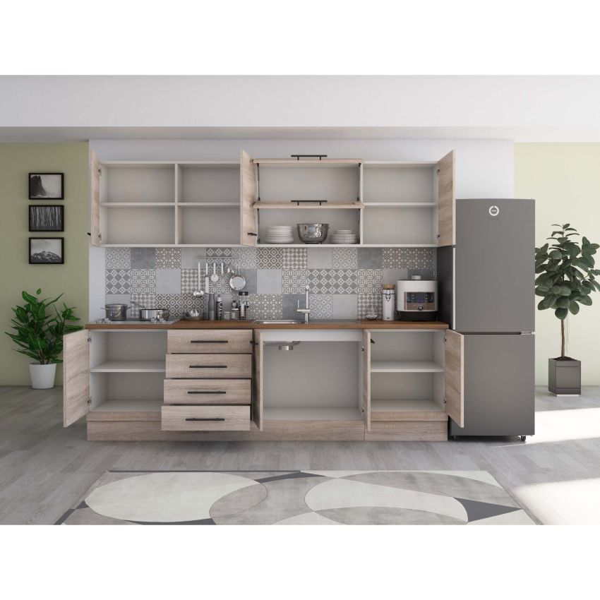 Bucatarie Alfa 260, Cu vitrina, Sonoma, Blat termic nuc