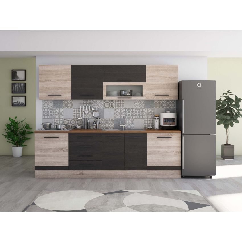Bucatarie Alfa 260, Cu vitrina, Alb, Blat termic nuc