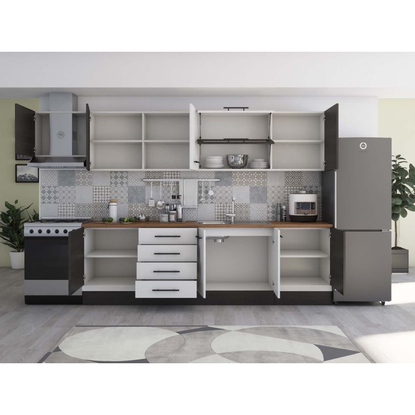 Bucatarie Alfa 320, alb/wenge, blat termic nuc, corp hota