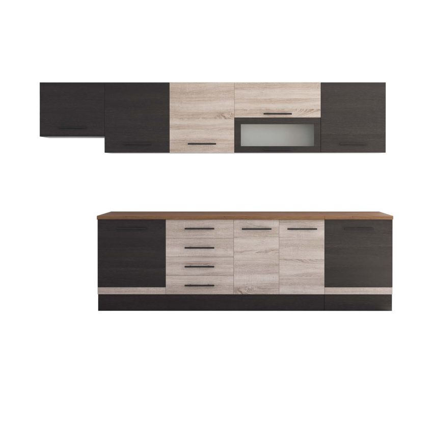 Bucatarie Alfa 320, sonoma/wenge, blat termic nuc, corp hota