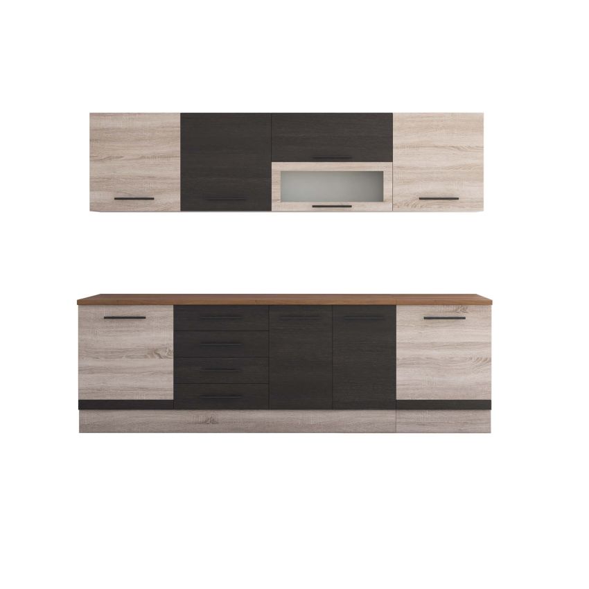 Bucatarie Alfa 260, Cu vitrina, Wenge/Sonoma, Blat termic nuc