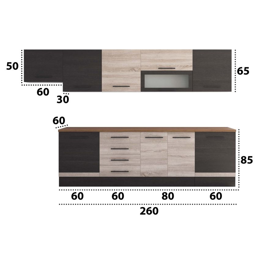 Bucatarie Alfa 320, sonoma/wenge, blat termic nuc, corp hota