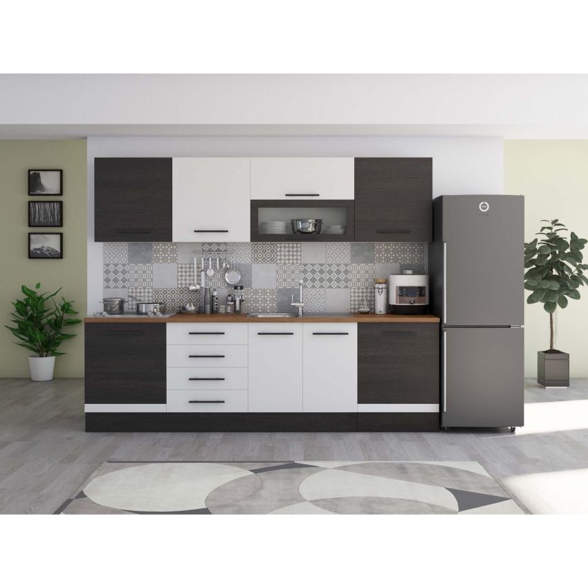 Bucatarie Alfa 260, Cu vitrina, Alb, Blat termic nuc