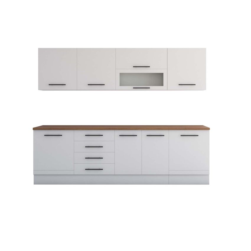Bucatarie Alfa 260, Cu vitrina, Alb lucios, Blat termic nuc