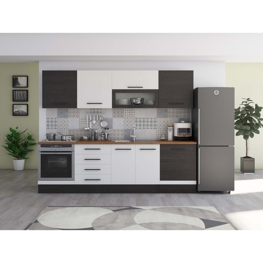 Bucatarie Alfa 260, Cu vitrina, Alb/Wenge, Blat termic nuc