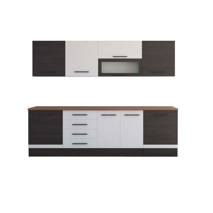 Bucatarie Alfa 260, Cu vitrina, Alb/Wenge, Blat termic nuc