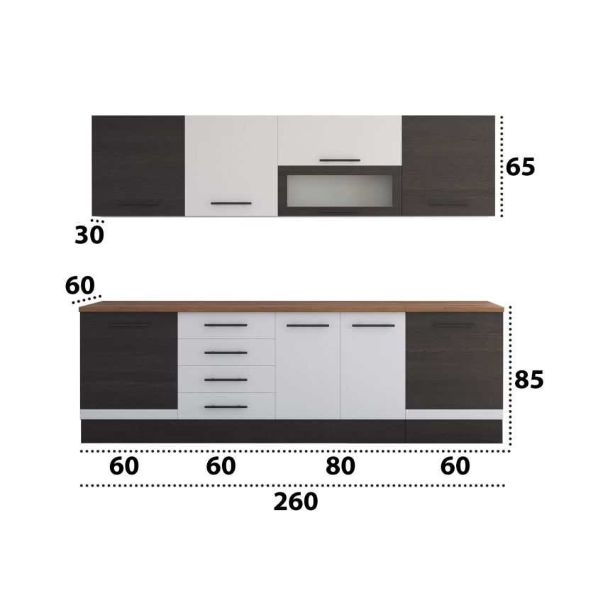 Bucatarie Alfa 260, Cu vitrina, Alb/Wenge, Blat termic nuc