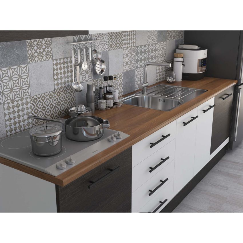 Bucatarie Alfa 260, Cu vitrina, Alb/Wenge, Blat termic nuc