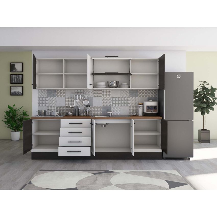 Bucatarie Alfa 260, Cu vitrina, Alb/Wenge, Blat termic nuc