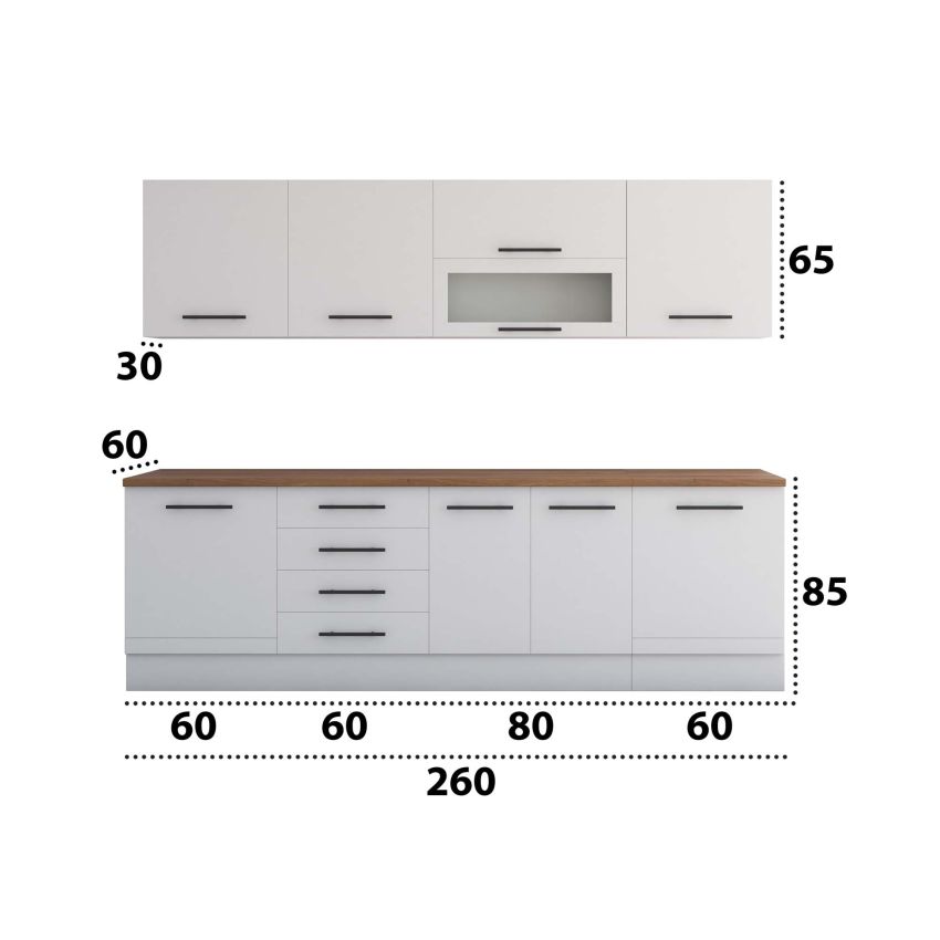 Bucatarie Alfa 260, Cu vitrina, Alb lucios, Blat termic nuc