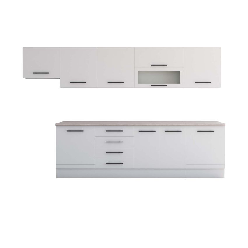 Bucatarie Alfa 320, alb, blat termic travertin, corp hota