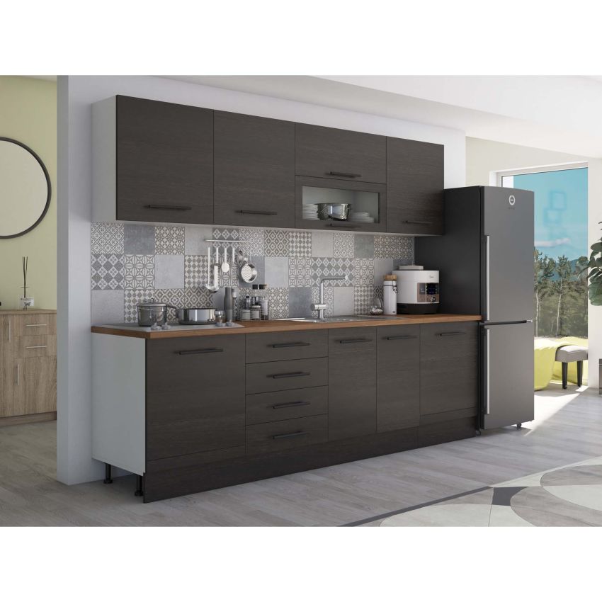 Bucatarie Alfa 260, Cu vitrina, Wenge, Blat termic nuc