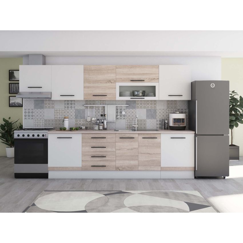 Bucatarie Alfa 320, alb, blat termic travertin, corp hota