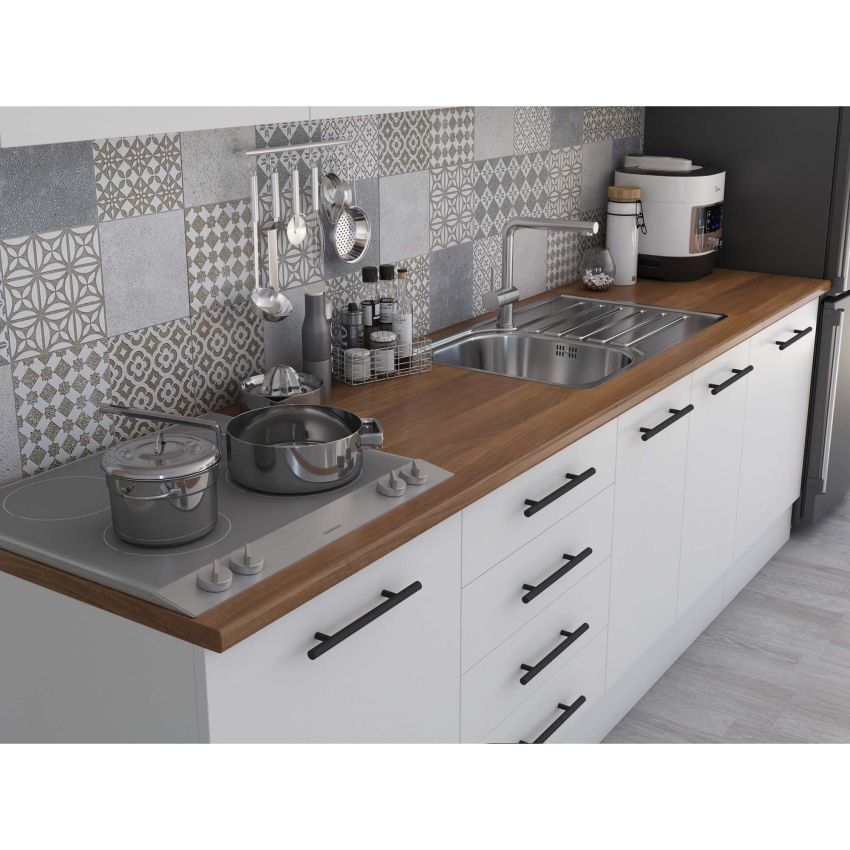 Bucatarie Alfa 260, Cu vitrina, Alb lucios, Blat termic nuc