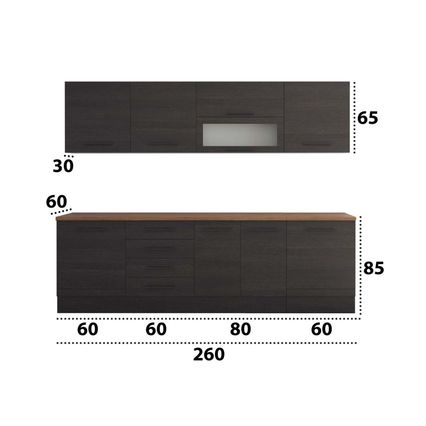 Bucatarie Alfa 260, Cu vitrina, Wenge, Blat termic nuc