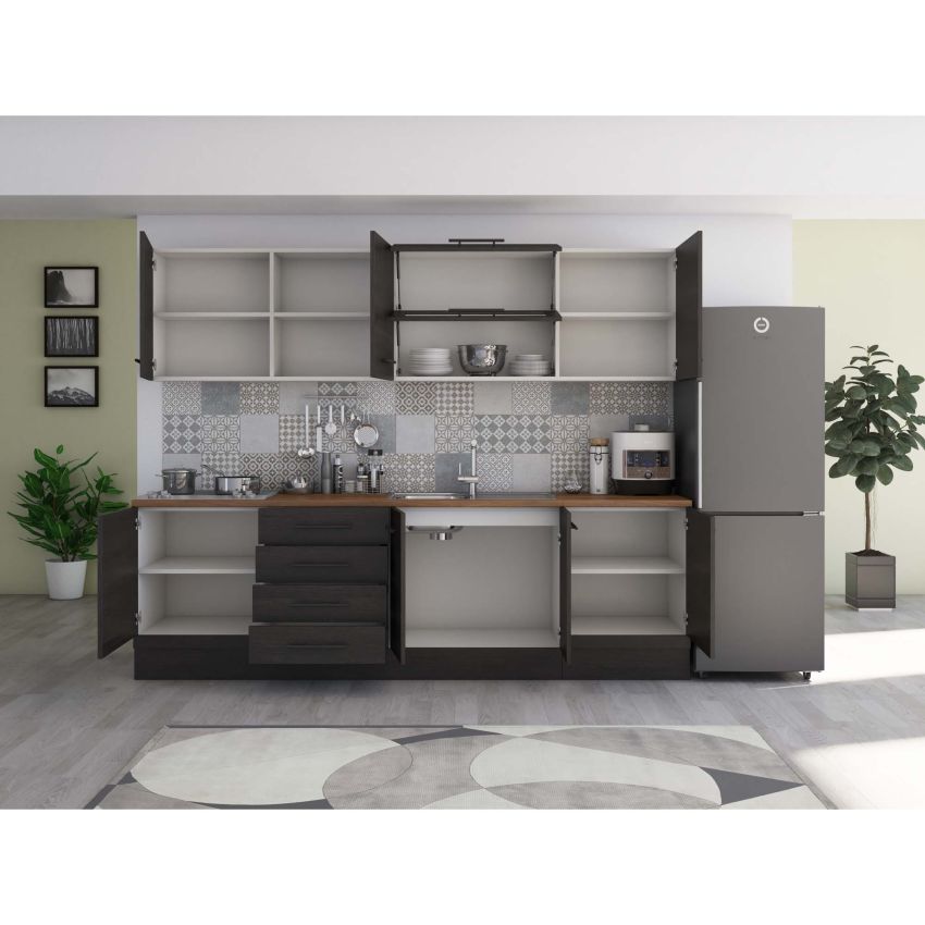 Bucatarie Alfa 260, Cu vitrina, Wenge, Blat termic nuc