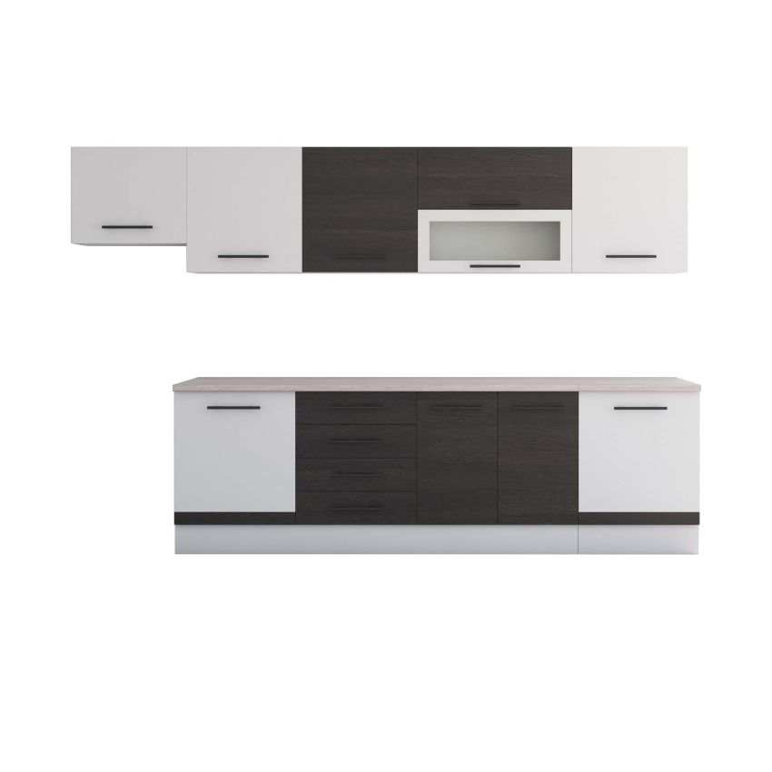 Bucatarie Alfa 320, wenge/alb, blat termic travertin, corp hota