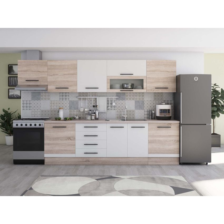 Bucatarie Alfa 320, alb, blat termic travertin, corp hota