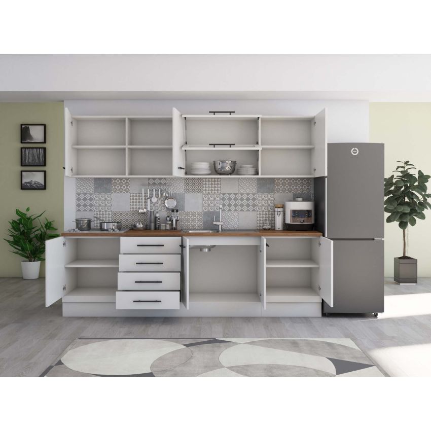 Bucatarie Alfa 260, Cu vitrina, Alb lucios, Blat termic nuc