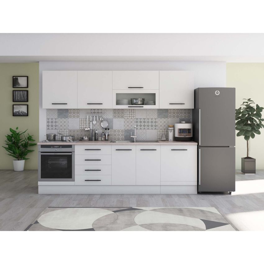 Bucatarie Alfa 260, Cu vitrina, Alb, Blat termic travertin