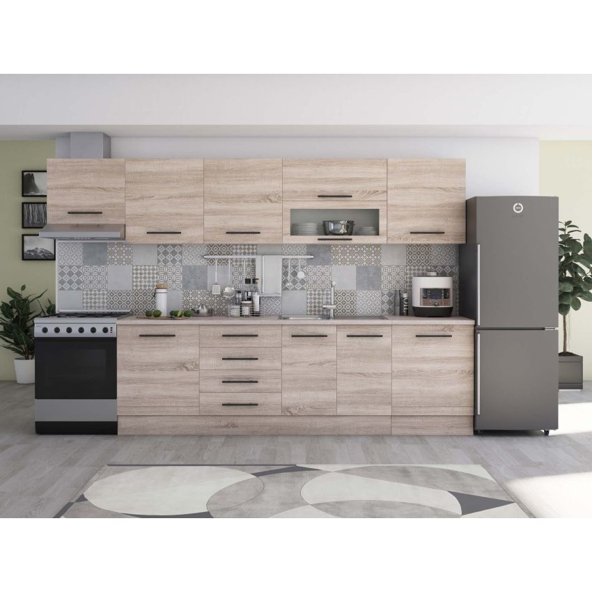 Bucatarie Alfa 320, alb, blat termic travertin, corp hota